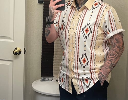 Customer photo review of Men's Vintage Vertical Striped Short Sleeve 70s Retro Aztec Print Button Up Shirt