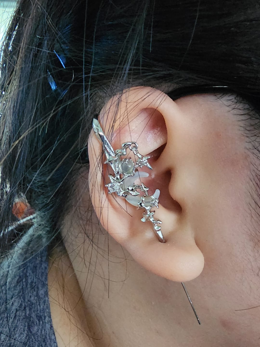 Customer photo review of "MYTH OF THE MOON" 925 Sterling Silver Statement Celestial Moon Dangle Needle Piercing Earring