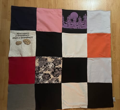 T-shirt quilt with family, cooking themes by Kathryn from CA