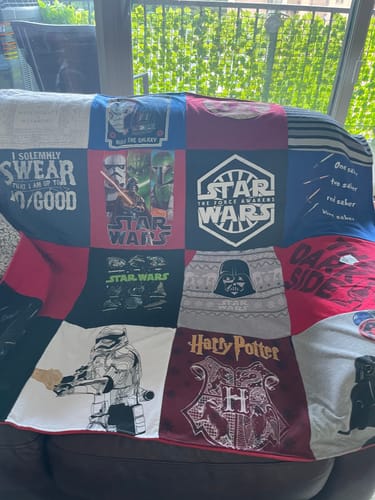 T-shirt quilt with sci-fi, fantasy themes by Elizabeth from MA