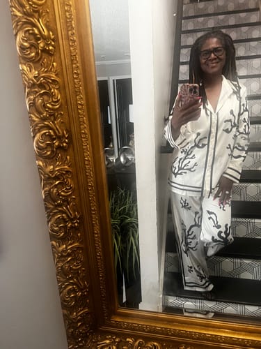 Customer photo review of Light and Comfortable Satin Unique Print Elastic Waist Pocketed Wide Leg Pants