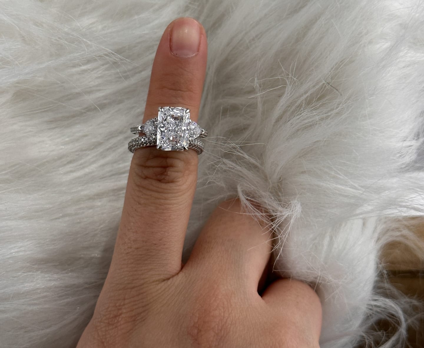 Customer photo review of S925 5.0Ct Radiant Cut & Heart Cut Three Stone Wedding Set In Sterling Silver