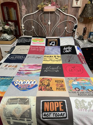 T-shirt quilt with music, trucks themes by Linda from TX