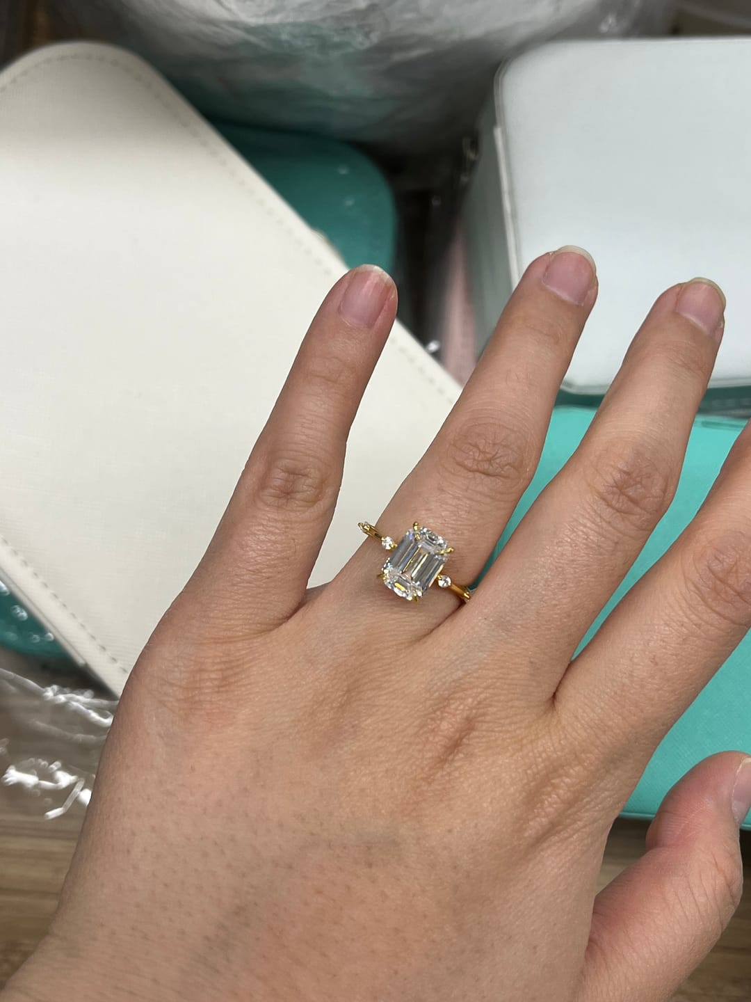 Customer photo review of Louily Unique Emerald Cut Engagement Ring For Women