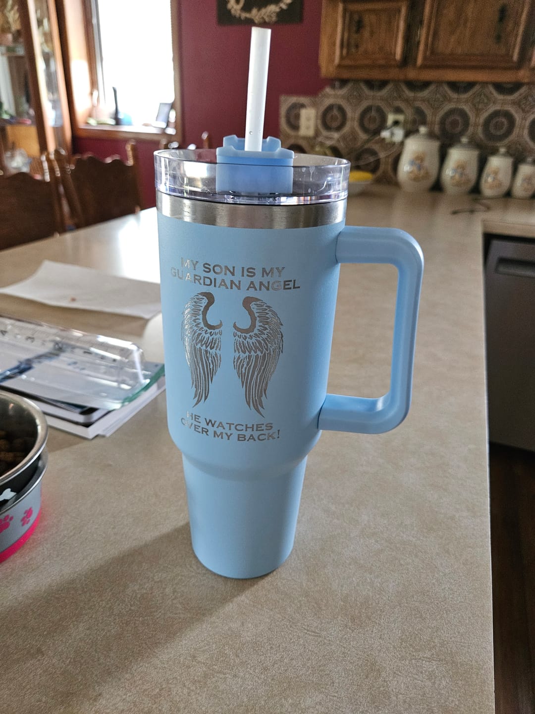 Customer photo review of My Son is my Guardian Angel 40 Ounce Laser Etched Tumbler