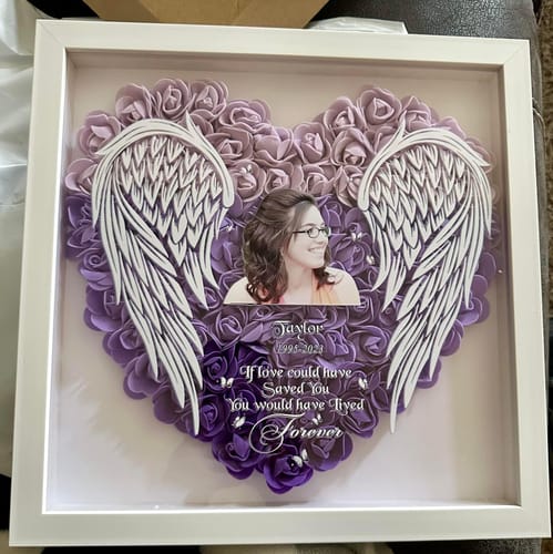 Customer photo review of Personalized Memorial Photo Wings Flower Shadow Box