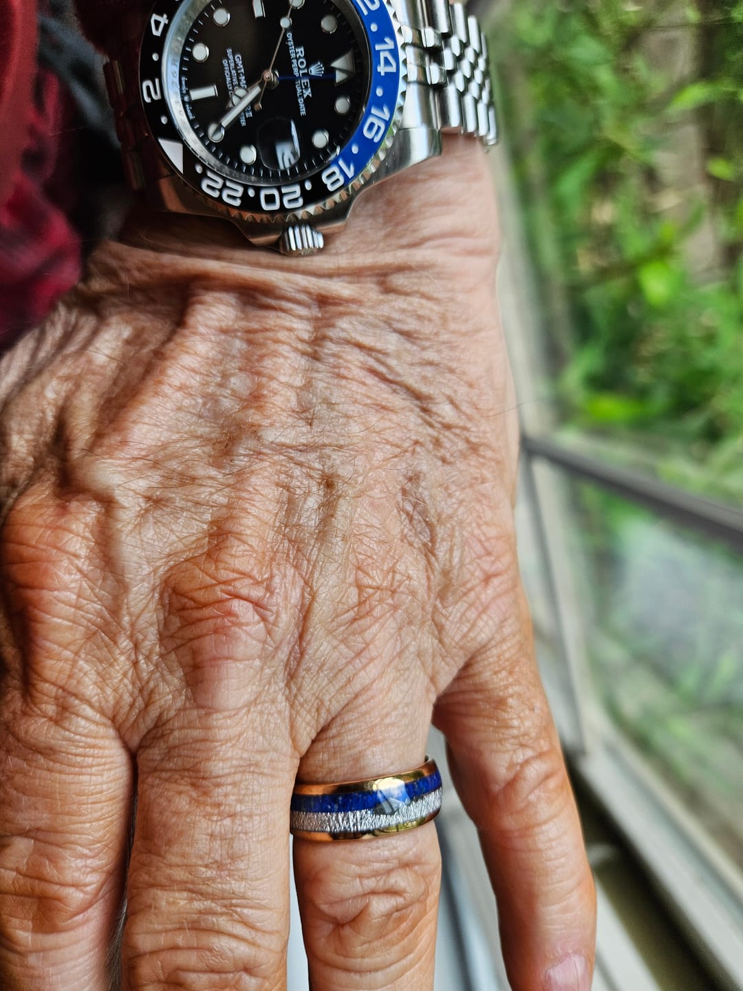 Customer photo review of 8mm- ROSE GOLD TUNGSTEN ARROW RING W/ BLUE LAPIS LAZULI, FAUX METEORITE,