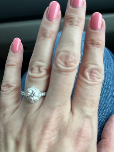 Customer photo review of Milgrain Floral Halo Moissanite Pave Engagement Ring