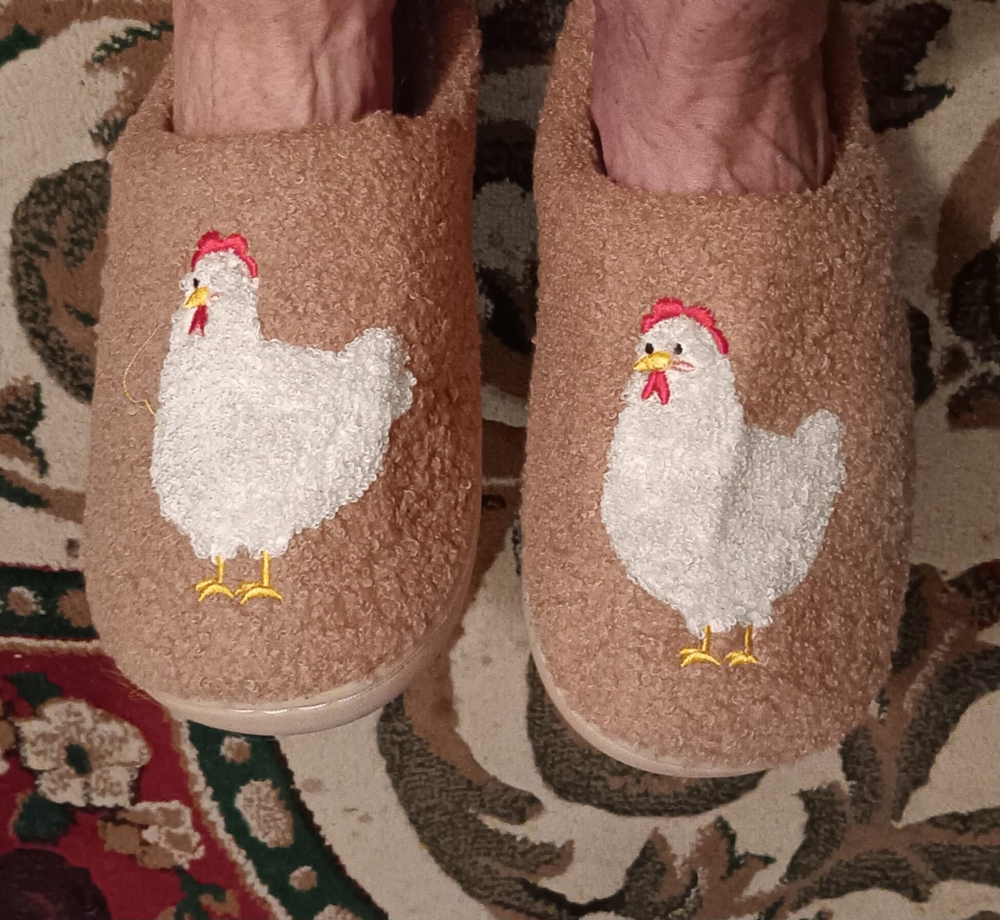 Customer photo review of Brown Fuzzy Chicken Slippers - Adult