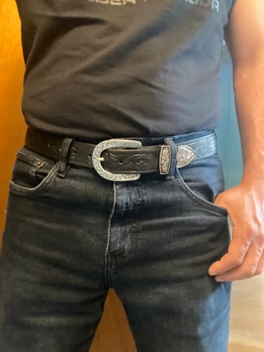 Customer photo review of Western Black Hand-tooled Full-Grain Leather Belt