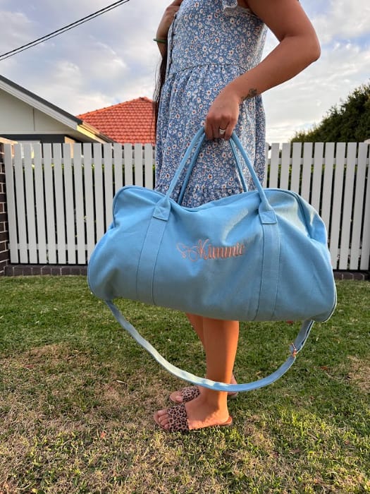 Customer photo review of Dusty Blue Personalised Duffle Bag