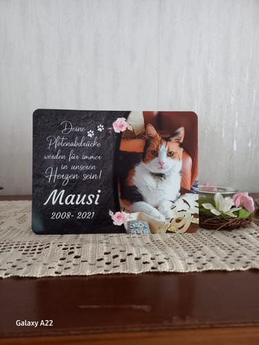 Customer photo review of Katzen Gedenktafel mit Foto & Spruch (UV- & Wetterfest)