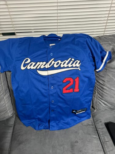 Customer photo review of Blue White-Red Custom Baseball Jersey
