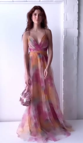 Customer photo review of Giselle Tulle Render Floral Print Cutout Waist Back Lace-up Maxi Dress