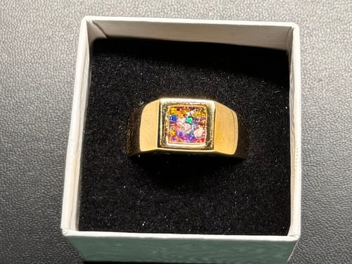 Customer photo review of Men's Cremation Ring with Crushed Opal and Cremation Ash