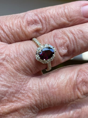 Customer photo review of Bluebird™ Rhodilite Garnet & 0.50ct TW Diamond Ring in 9ct Yellow Gold