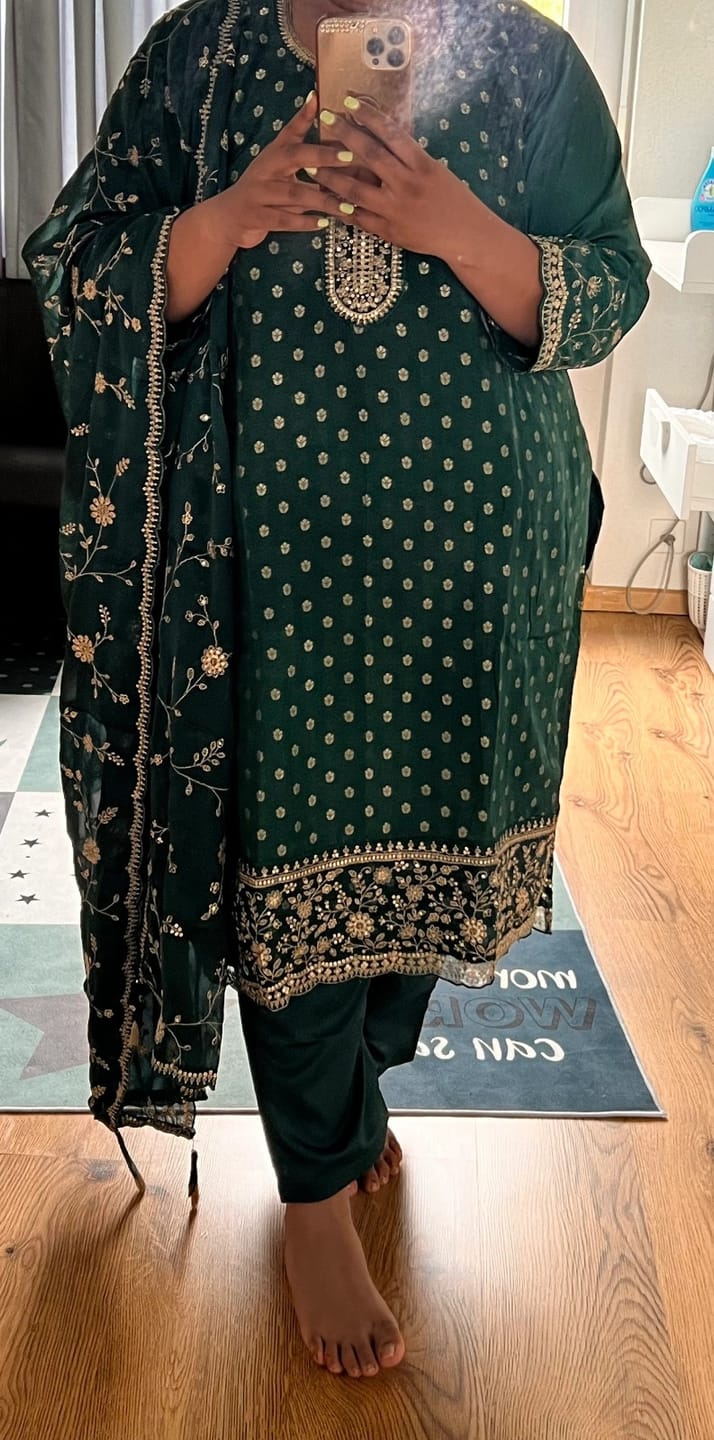 Customer photo review of Pakistani Wear Beautiful Embroidery Worked Salwar Kameez Straight Trouser Pant Suits