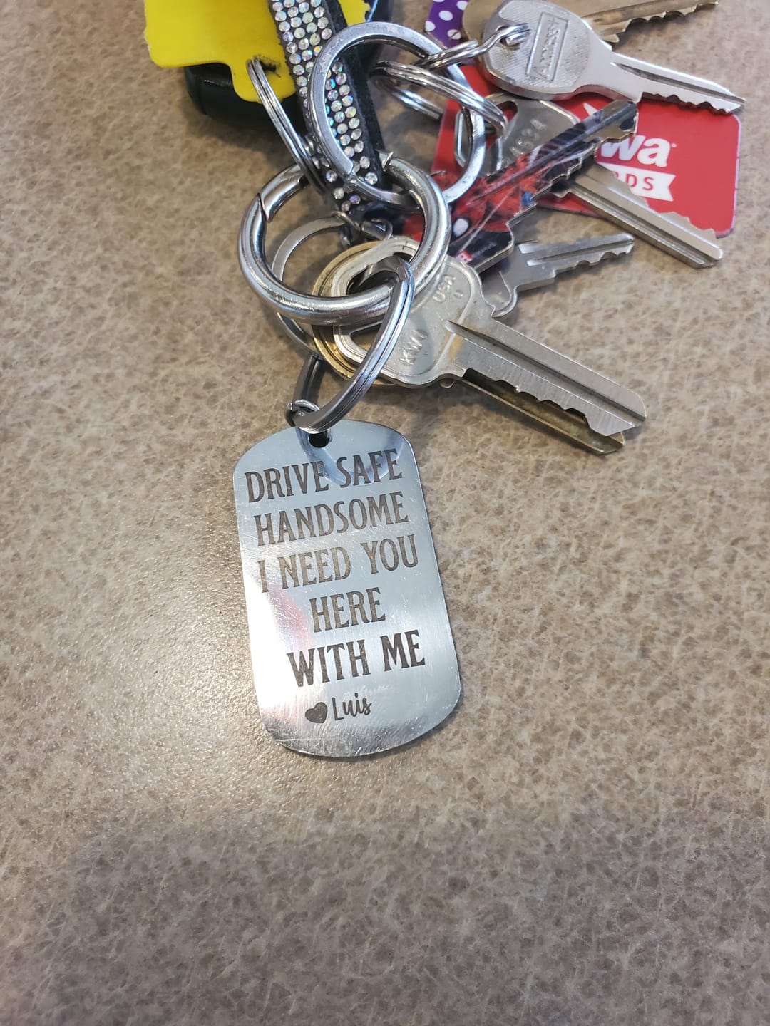 Customer photo review of Drive Safe - Personalized Engraved Stainless Steel Keychain