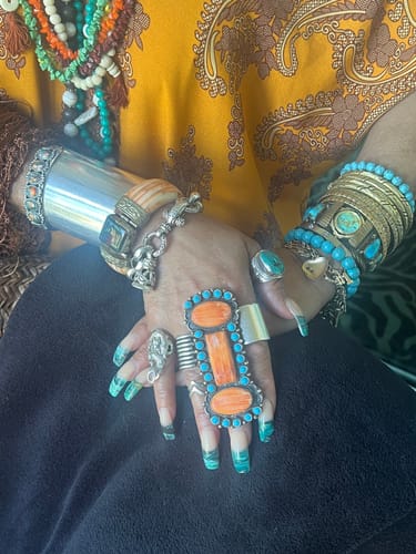 Customer photo review of Devon Brown Navajo Sterling Silver, Turquoise & Orange Spiny Oyster Ring Sz 8.5