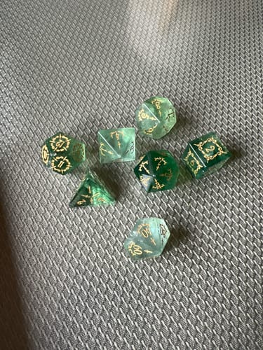 Customer photo review of URWizards D&D Green Fluorite Gemstone Engraved Dice Set Dagger Rogue Style