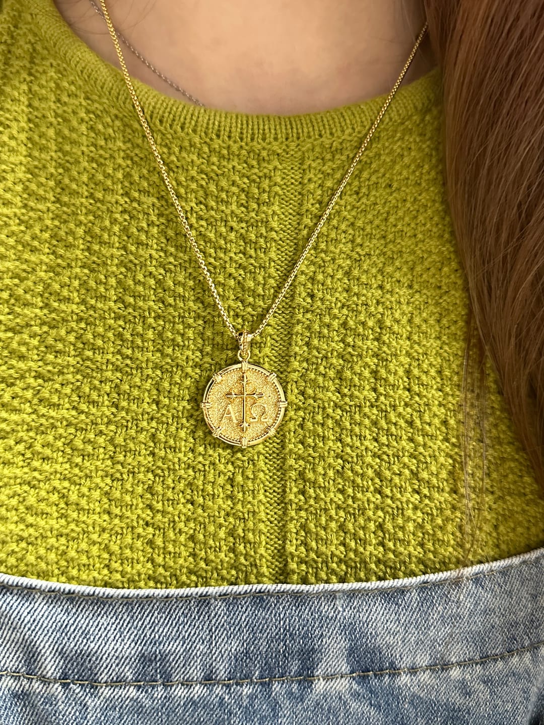 Customer photo review of Alpha Omega Fleur-de-Lis Cross Medallion Necklace