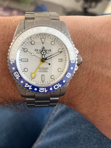 Customer photo review of Oceaneva™ Men's GMT TITANIUM Automatic Deep Marine Explorer 1250M White & Blue Ceramic Bezel Watch