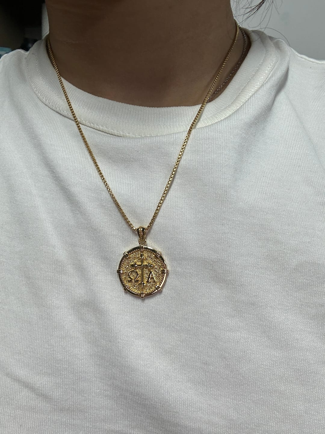 Customer photo review of Alpha Omega Fleur-de-Lis Cross Medallion Necklace