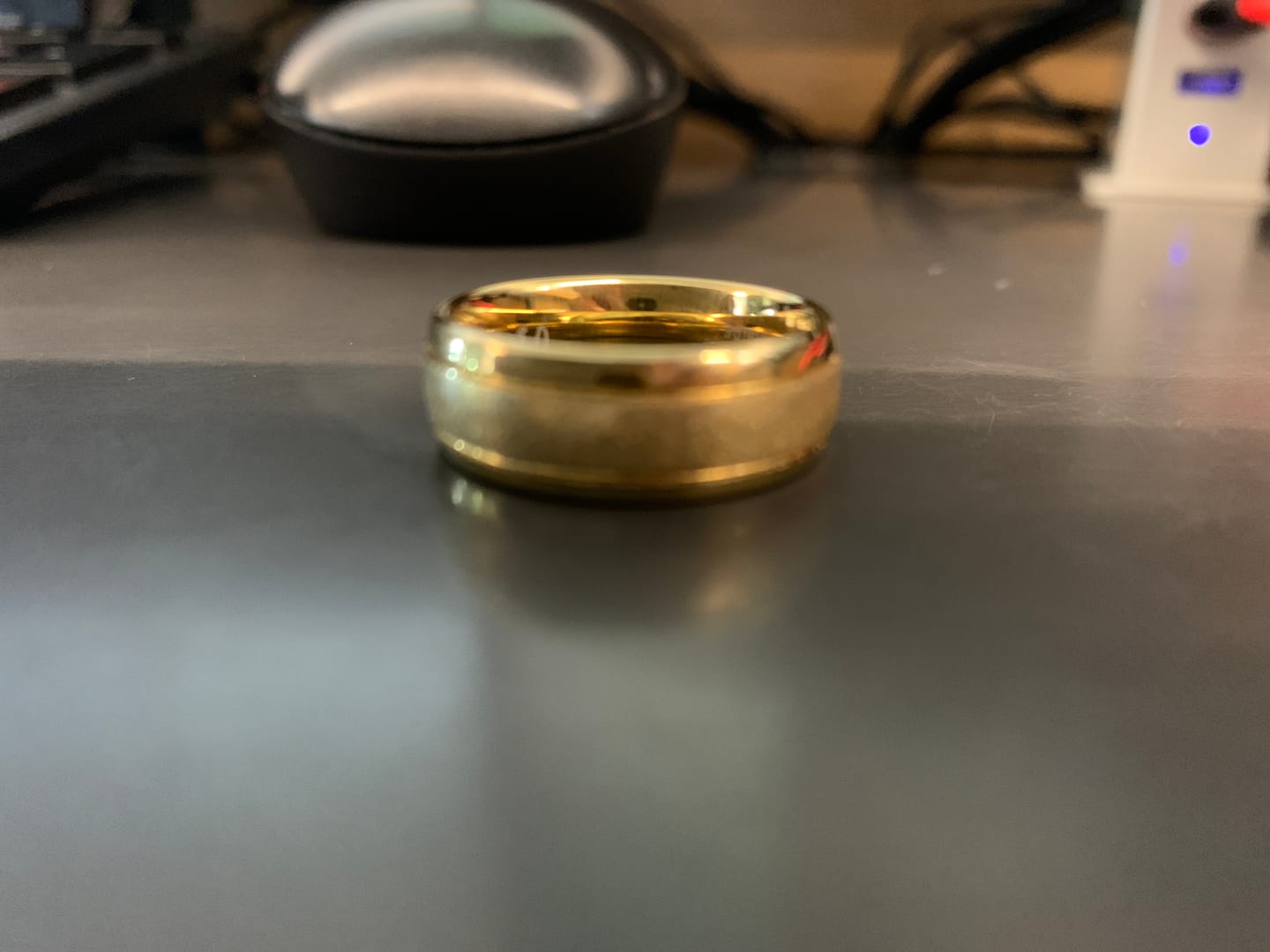 Customer photo review of 8mm 18k Gold Tungsten Wedding Band Sandblasted Center Double Groove Ring