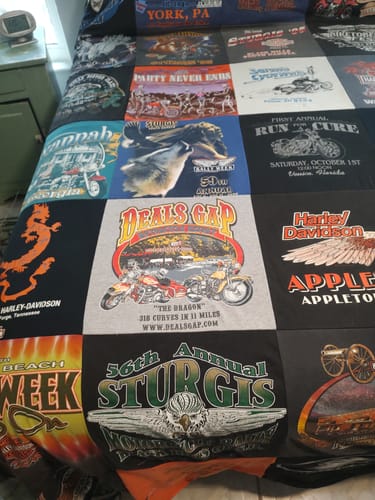 T-shirt quilt with motorcycles, biking themes by Renee from FL