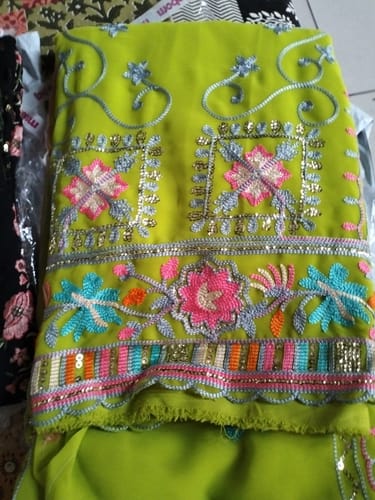 Customer photo review of Parrot Green Floral Sequins Embroidered Georgette Dress Material