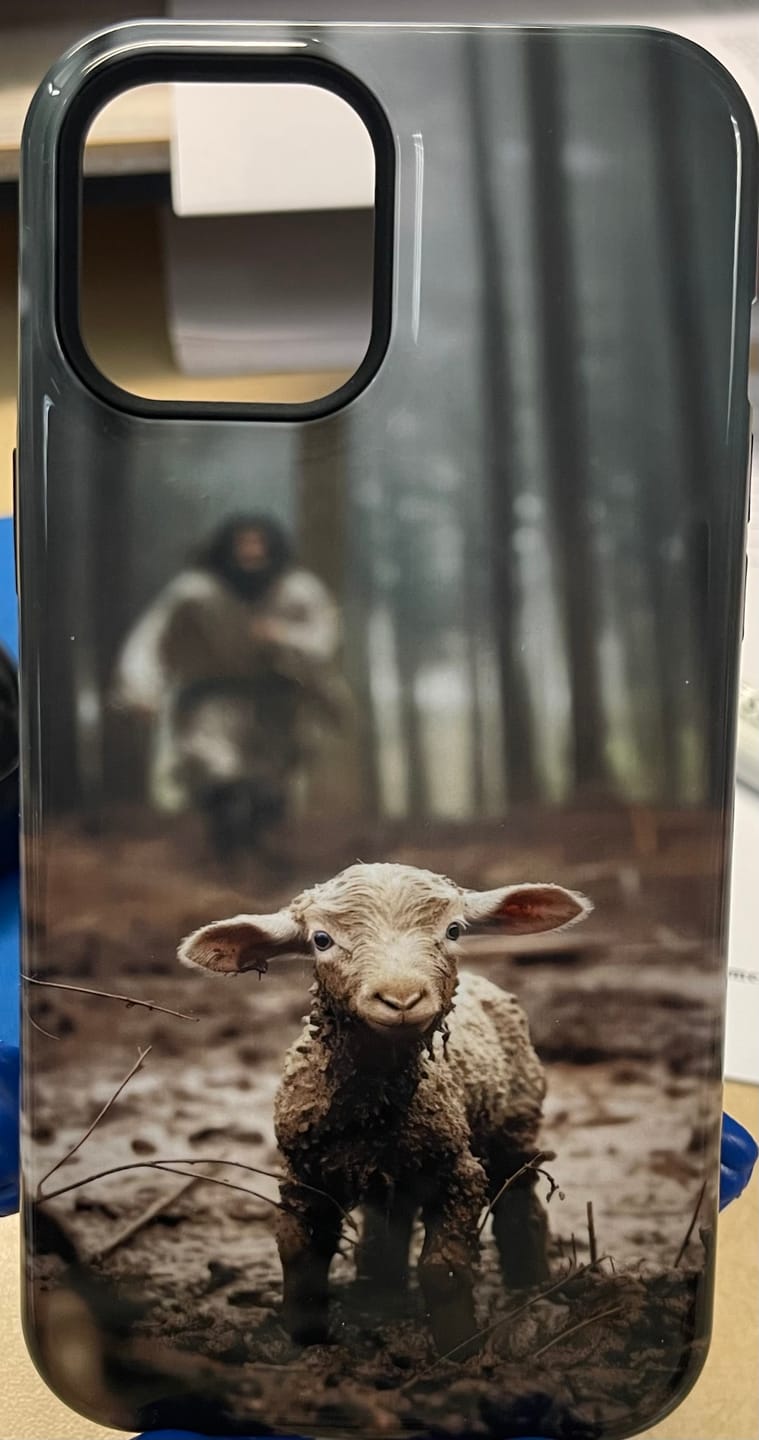 Customer photo review of Jesus With The Sheep, Jesus Running After Lamb, Phone Case