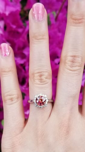 Customer photo review of Halo Sunburst Red Orange CZ Ring in Sterling Silver