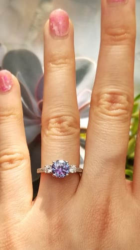 Customer photo review of 3-Stone Kaleidoscope Purple Aqua CZ Ring in Sterling Silver