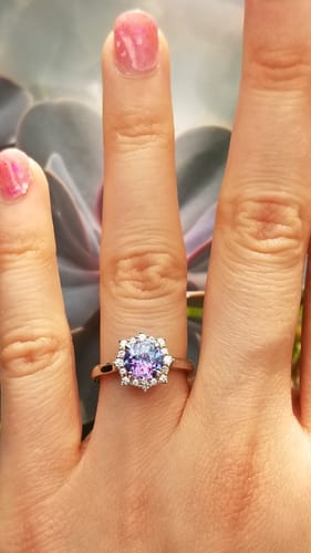 Customer photo review of Halo Sunburst Purple Aqua CZ Ring in Sterling Silver
