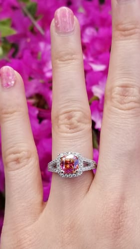 Customer photo review of Halo Red Orange Cushion CZ Split Shank Ring in Sterling Silver