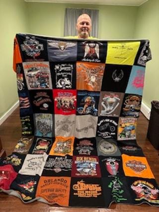 T-shirt quilt with motorcycling, biking themes by Janice from MA