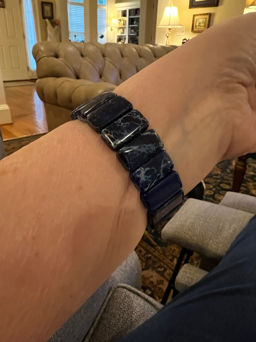 Customer photo review of Dark Navy Tibetan Jasper Stretch Apple Watch Strap