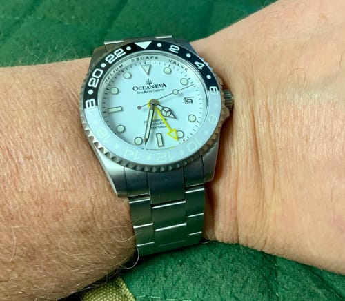 Customer photo review of Oceaneva™ Men's GMT TITANIUM Automatic Deep Marine Explorer 1250M White & Black Ceramic Bezel Watch