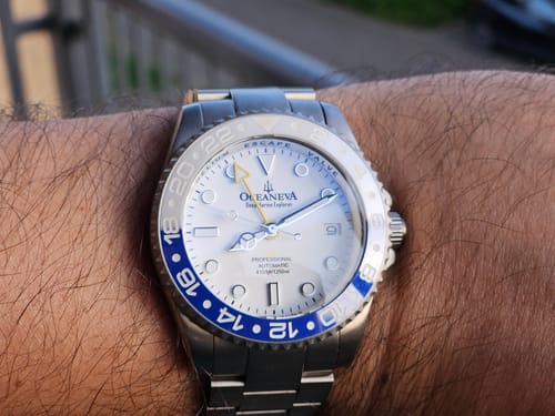 Customer photo review of Oceaneva™ Men's GMT TITANIUM Automatic Deep Marine Explorer 1250M White & Blue Ceramic Bezel Watch