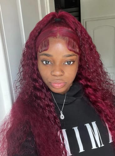Customer photo review of 99J Burgundy Curly Hair Undetectable Glueless HD Lace Frontal Wig