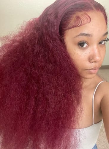 Customer photo review of 99J Burgundy Curly Hair Undetectable Glueless HD Lace Frontal Wig