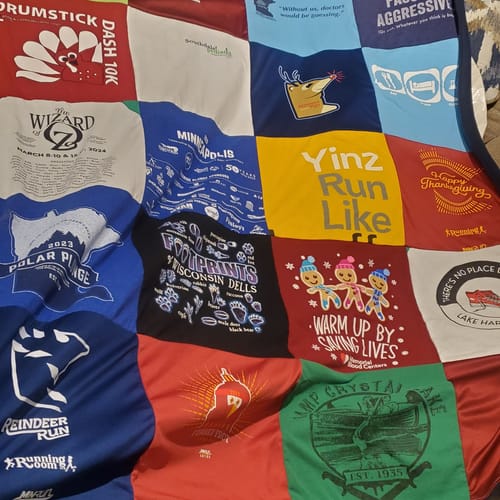 T-shirt quilt with running, outdoor activities themes by Jennifer from MN