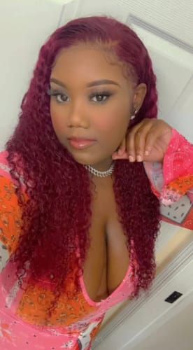 Customer photo review of 99J Burgundy Curly Hair Undetectable Glueless HD Lace Frontal Wig