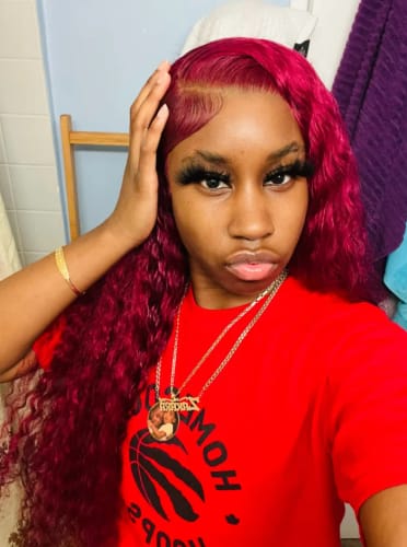 Customer photo review of 99J Burgundy Curly Hair Undetectable Glueless HD Lace Frontal Wig