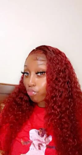 Customer photo review of 99J Burgundy Curly Hair Undetectable Glueless HD Lace Frontal Wig