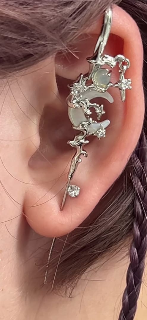 Customer photo review of "MYTH OF THE MOON" 925 Sterling Silver Statement Celestial Moon Dangle Needle Piercing Earring