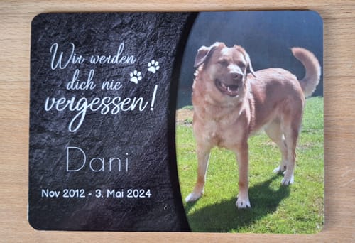 Customer photo review of Hunde Gedenktafel mit Foto & Spruch (UV- & Wetterfest)