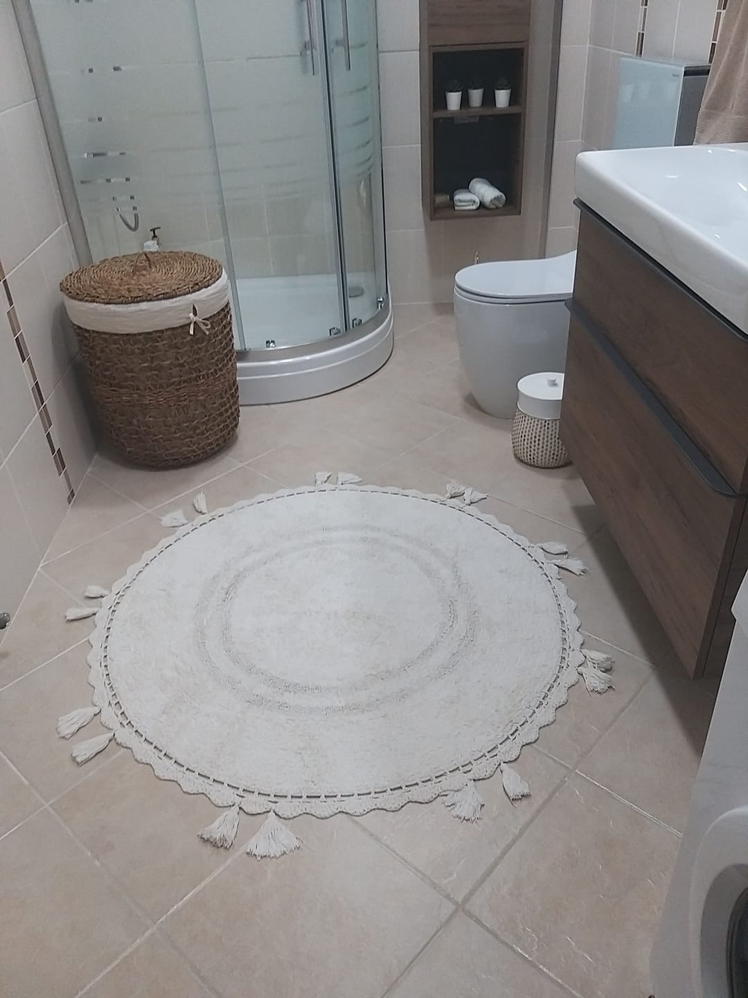Customer photo review of Olivid Yuvarlak Banyo Paspası %100 Pamuk 100x100 Ekru