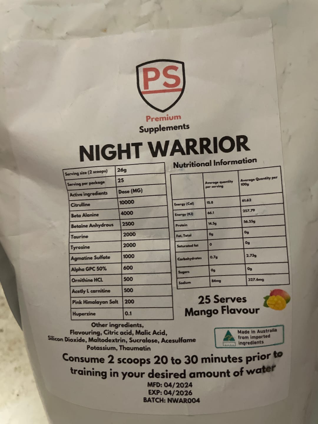 Customer photo review of Night warrior Caffeine-free Pre-workout