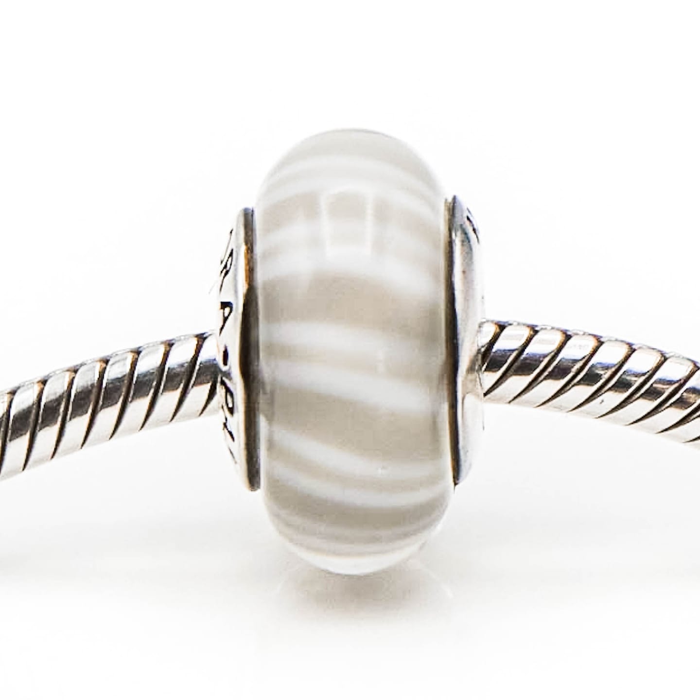 Customer photo review of PANDORA Gray Candy Stripes Murano Glass Sterling Silver Charm Bead